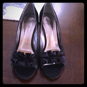 Black satin wedges